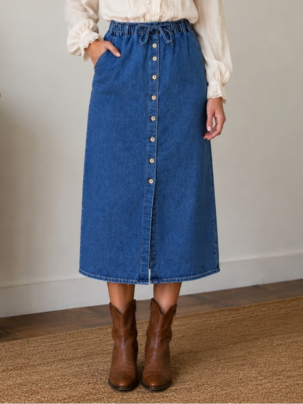 Sag Harbor Vintage 90s Denim Midi Skirt Button Front Cottagecore Size Medium P
